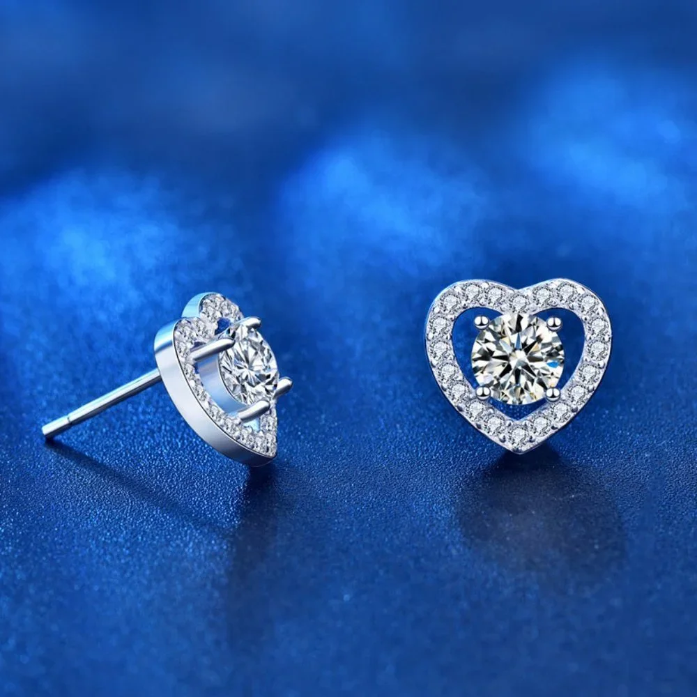 Certified 1 ct. t.w. Moissanite Diamond Heart Halo Stud Earrings NEW - Picture 6 of 11